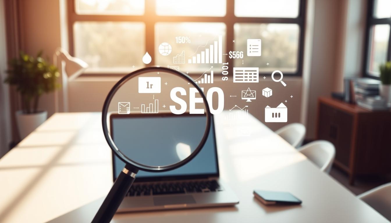 A modern, minimalist office setting with a desk, laptop, and various digital marketing icons and elements. Warm, natural lighting filters through large windows, casting a soft glow on the scene. In the foreground, a magnifying glass hovers over the laptop screen, symbolizing the analytical and research-driven nature of SEO services. In the middle ground, a series of stylized graphs, charts, and digital platforms float in a visually striking arrangement, representing the data-driven strategies of online marketing. The background features a clean, pastel-toned color palette, emphasizing the professionalism and clarity of the services on offer.
