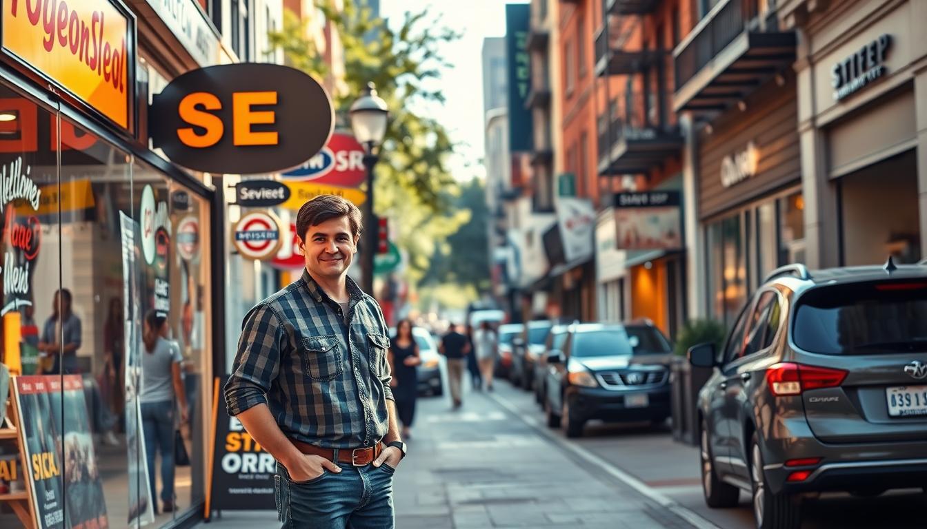 A vibrant, hyperlocal street scene showcasing the essence of local SEO services. In the foreground, a small business owner standing proudly outside their storefront, surrounded by dynamic signage and window displays. The middle ground features bustling foot traffic, local passers-by, and cars lining the street, all contributing to the energetic neighborhood vibe. The background is filled with a mix of charming local shops, cafes, and office spaces, creating a cohesive small-town atmosphere. Warm, natural lighting bathes the scene, highlighting the local community's character and the importance of optimizing one's online presence to thrive in this dynamic urban environment.