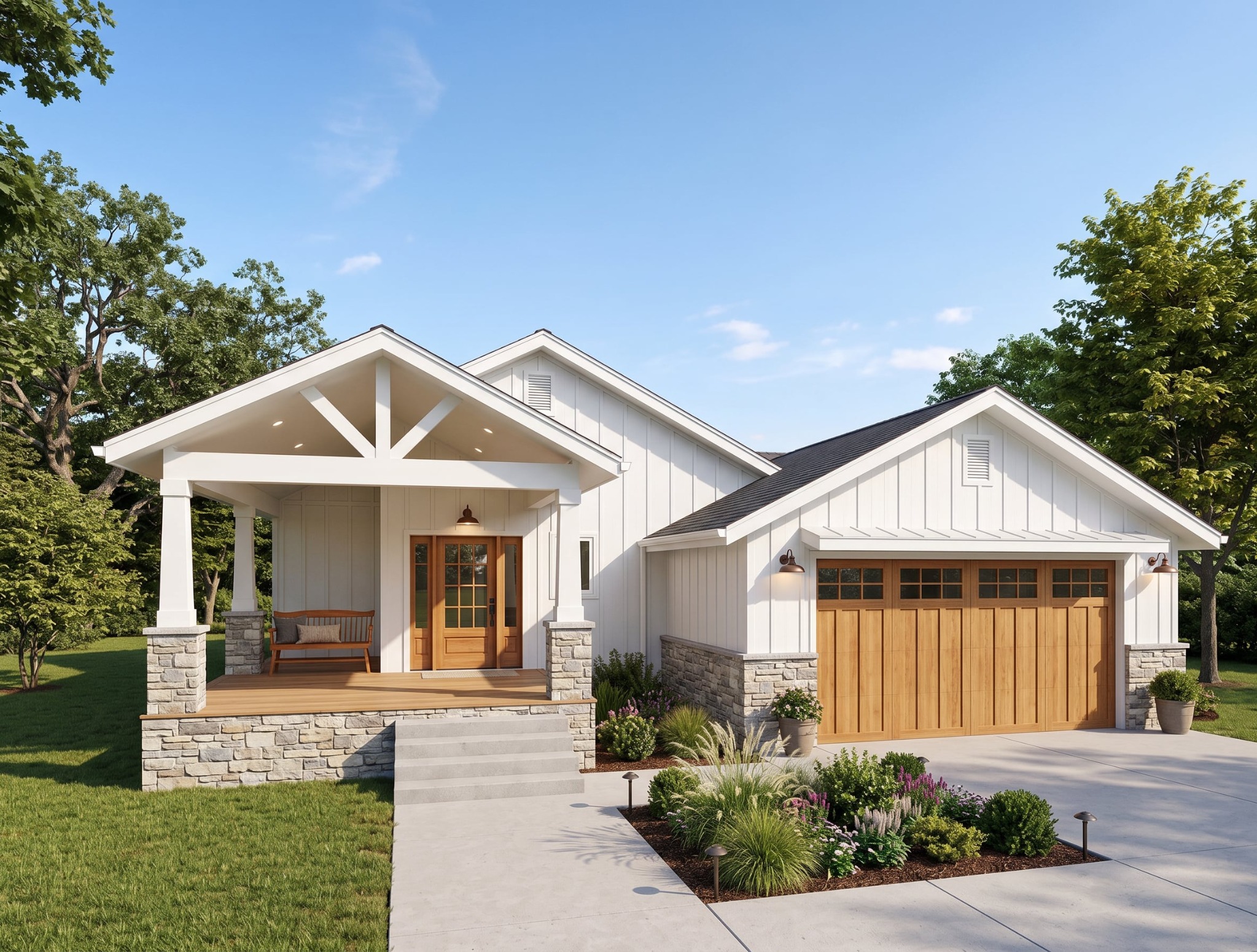 Single-story Barrett Modular home with three bedrooms and a two-car garage