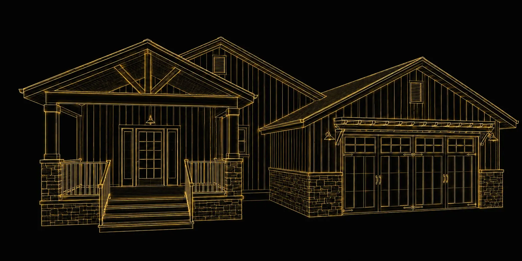 Gold wireframe rendering of a Barrett Modular single-family home