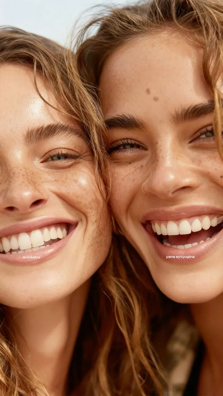 Close-up of two smiling women with freckles and light brown hair touching faces.