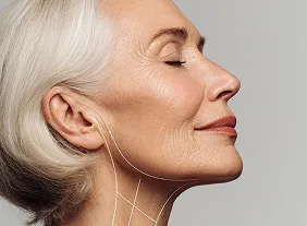 Profile of a mature woman with white hair and smooth skin, eyes closed, smiling gently.