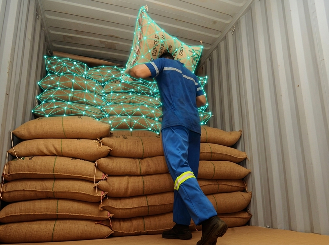 Loading coffee bags into a shipping container with a digital mesh overlay.
