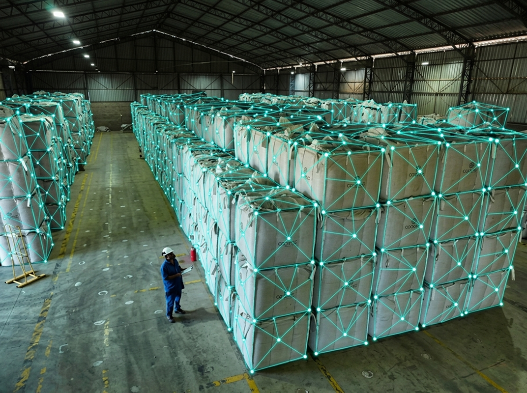 A coffee warehouse with large bags of coffee with a digital mesh overlay.