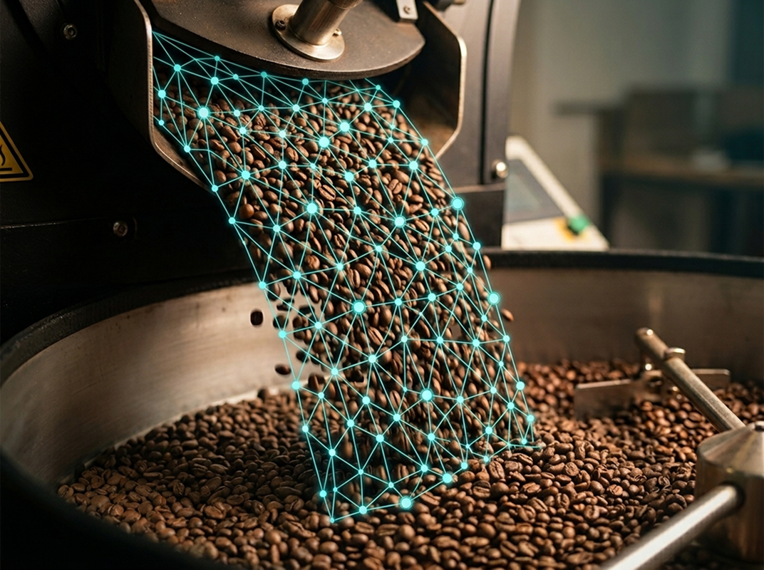 Coffee beans being roasted with digital mesh overlay