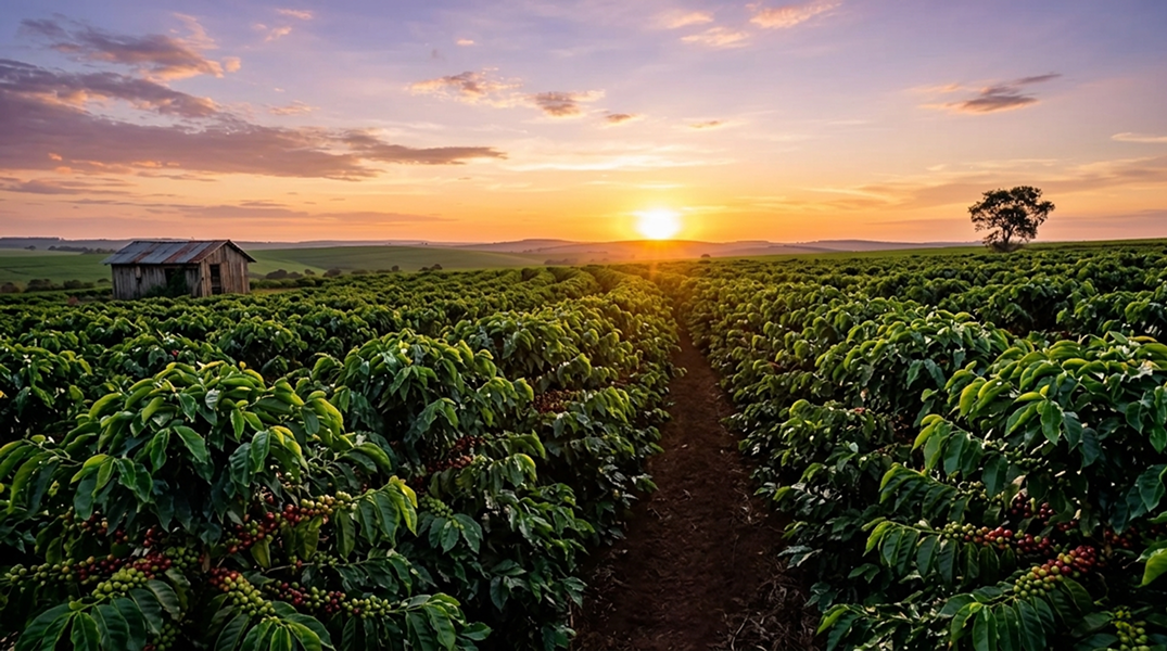 A photorealistic, low-angle landscape photograph of a vast, lush coffee field in the Brazilian Cerrado during golden hour at sunset. The vibrant, mature soybean plants fill the entire foreground and midground, planted in gently curving, continuous rows that stretch seamlessly toward the horizon. In the midground on the far left, there is a small, rustic wooden agricultural shack. On the far right horizon, a single, distinctive tree stands alone against the sky. The setting sun rests exactly on the distant rolling horizon, casting a warm, glowing amber light over the bright green leaves and creating deep, contrasting shadows between the rows. The sky above features a beautiful, soft sunset gradient of blues, pinks, oranges, and yellows with light, scattered clouds. High resolution, detailed agricultural textures, 16:9 aspect ratio.