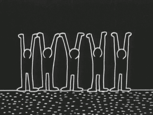 Animated black and white drawing of five stick-figure people holding hands and lifting them up together.