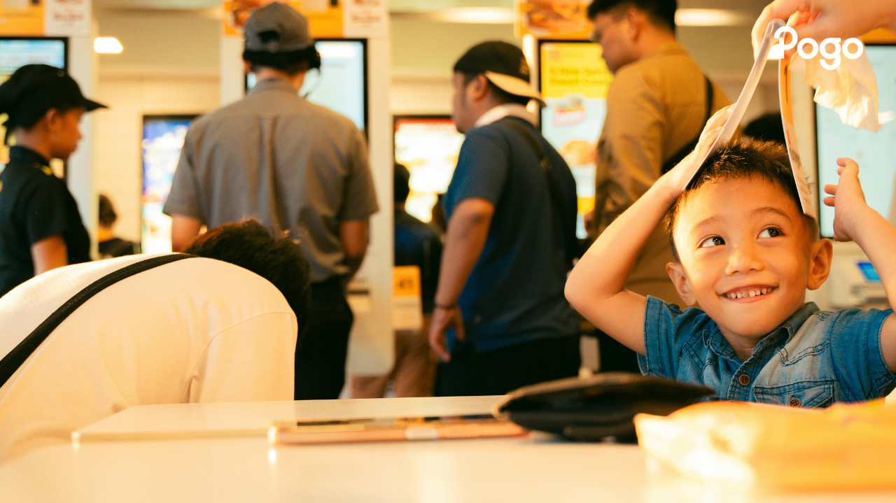 Fast food restaurant with self-serve kiosks. 