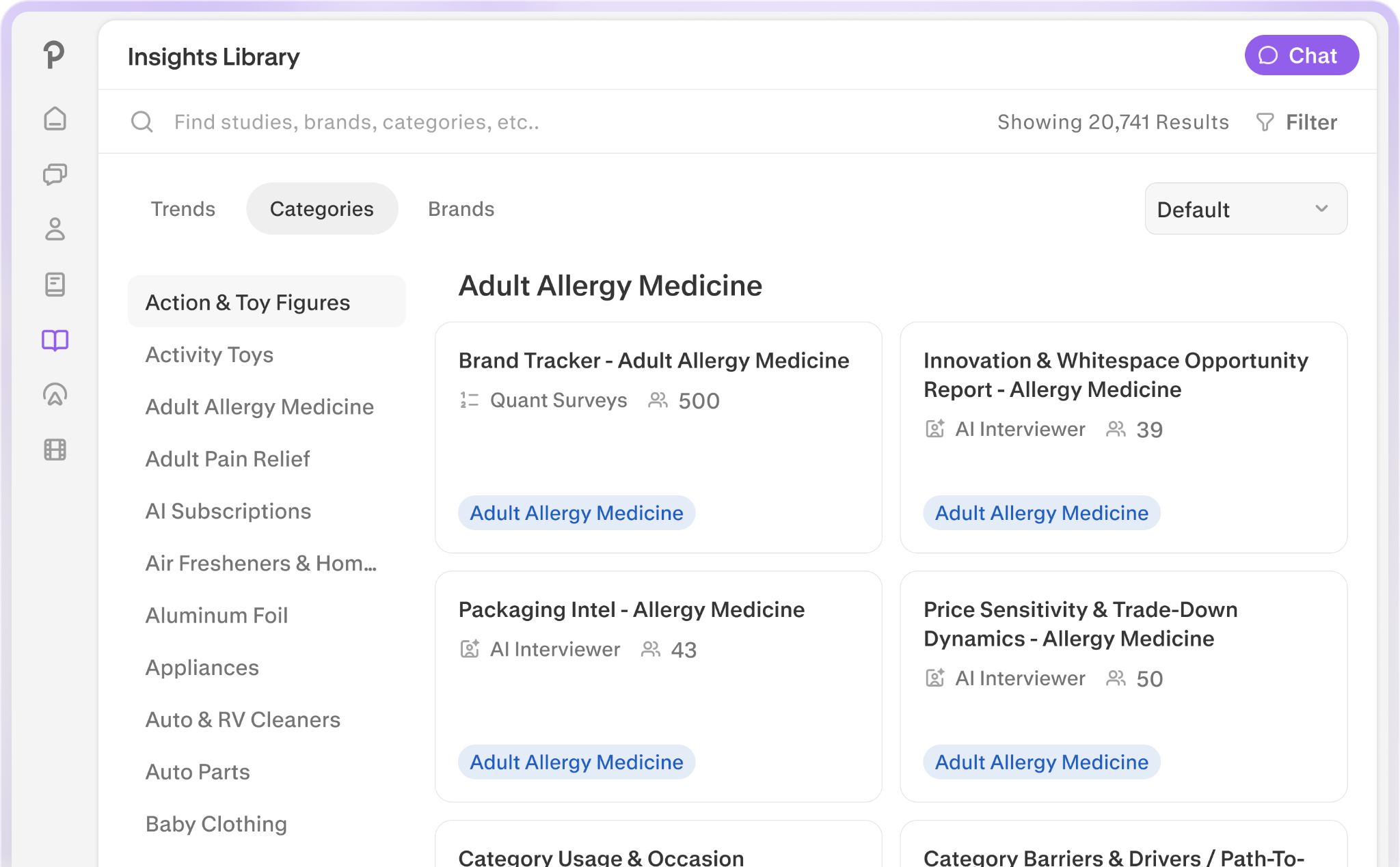 Pogo Insights Library interface showing searchable consumer research studies organized by category, with quantitative surveys and AI interviews.
