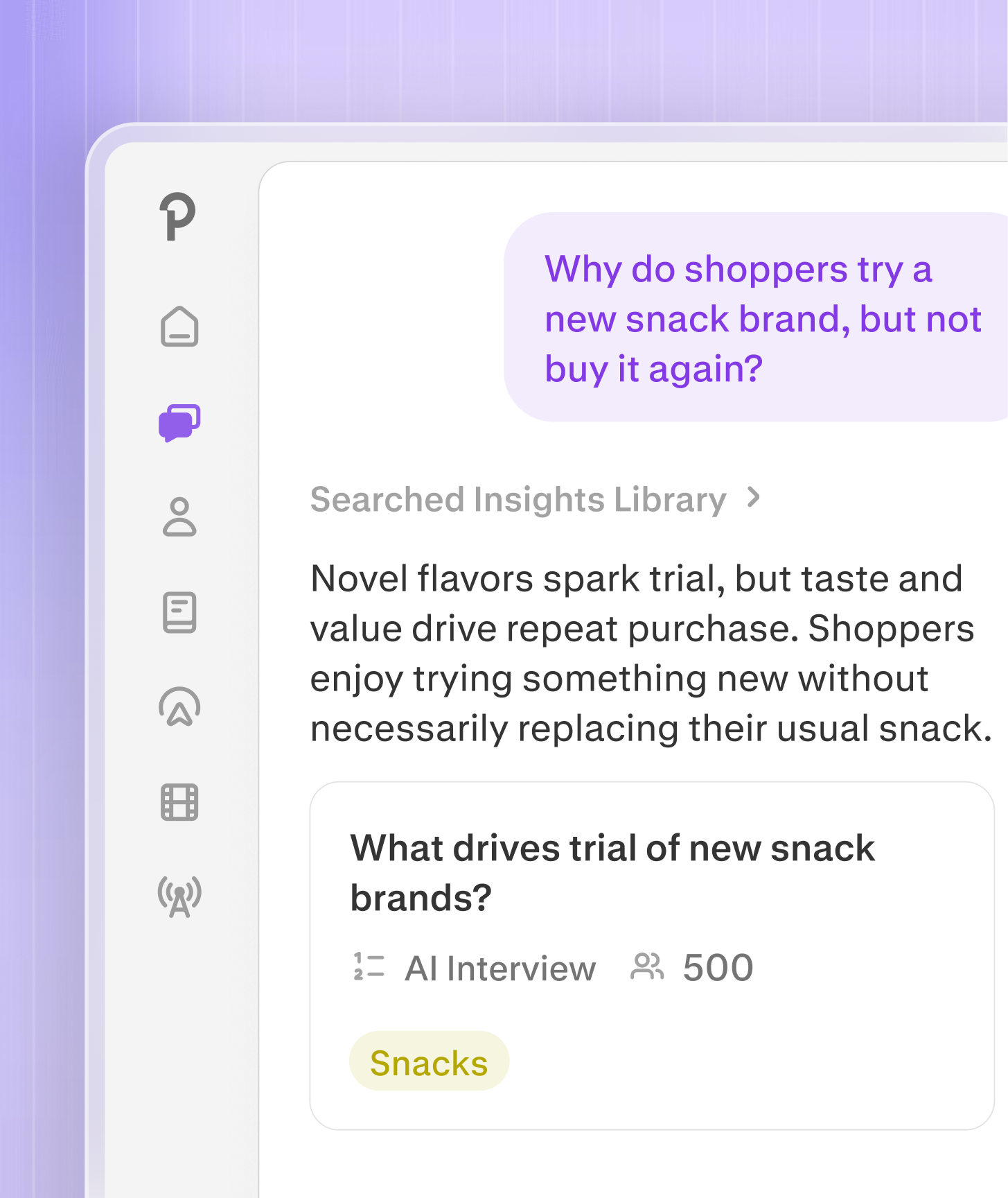 Insights Library chat answering a snack-brand question and citing a source study.