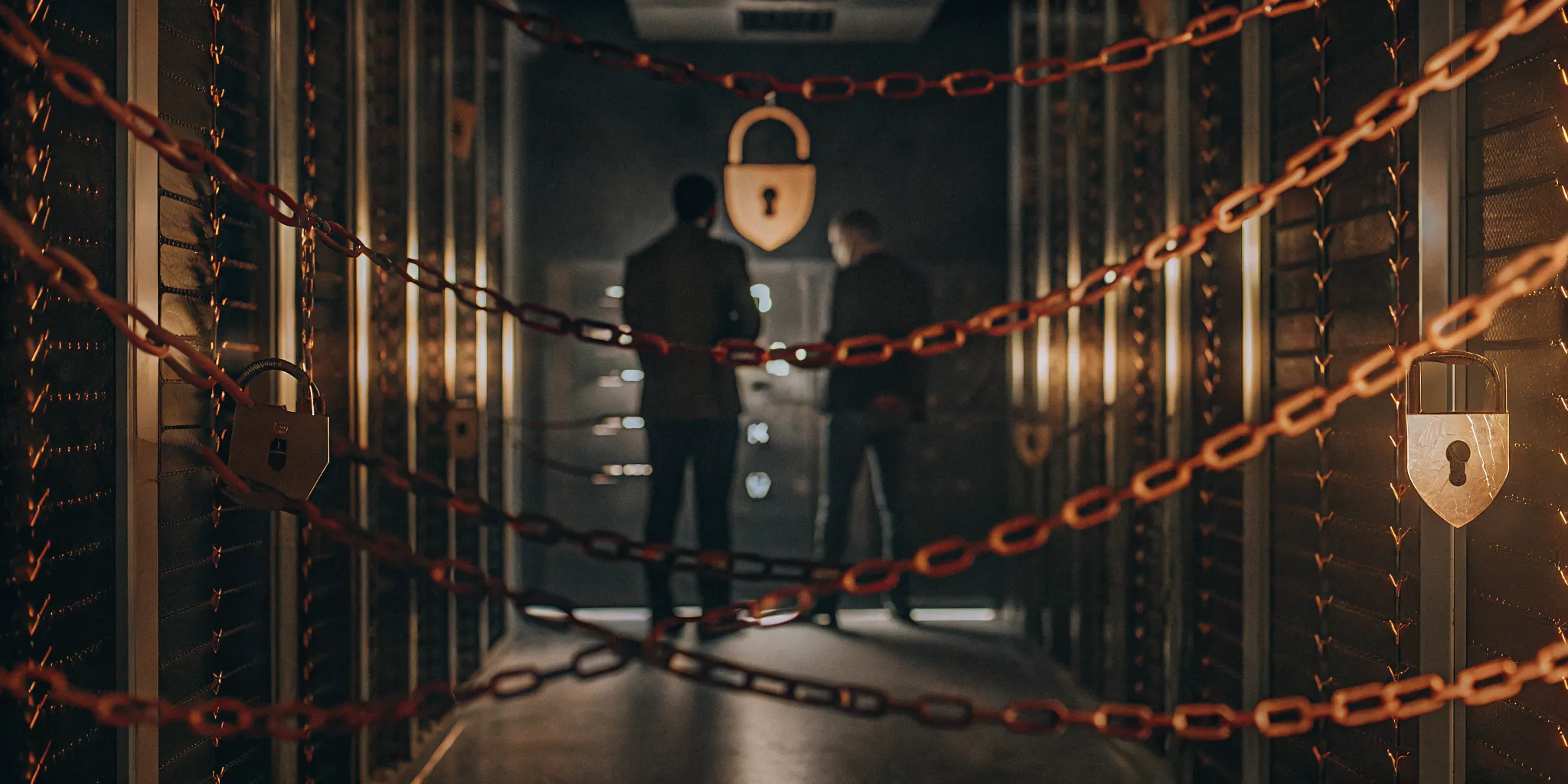 A secure futuristic server room with holographic security shields defending against red digital chains of encryption malware