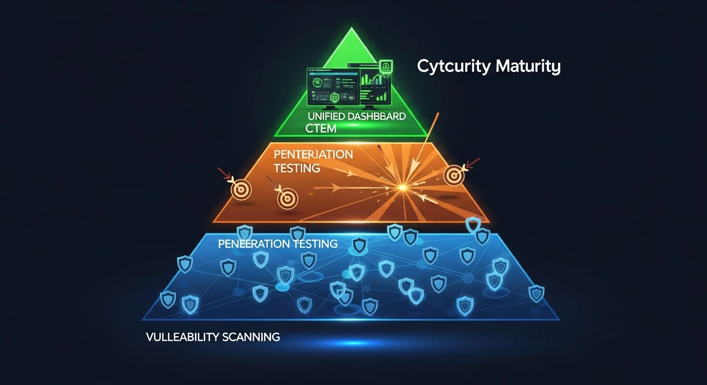 Security testing maturity model progressing from vulnerability assessment to penetration testing to continuous threat exposure management