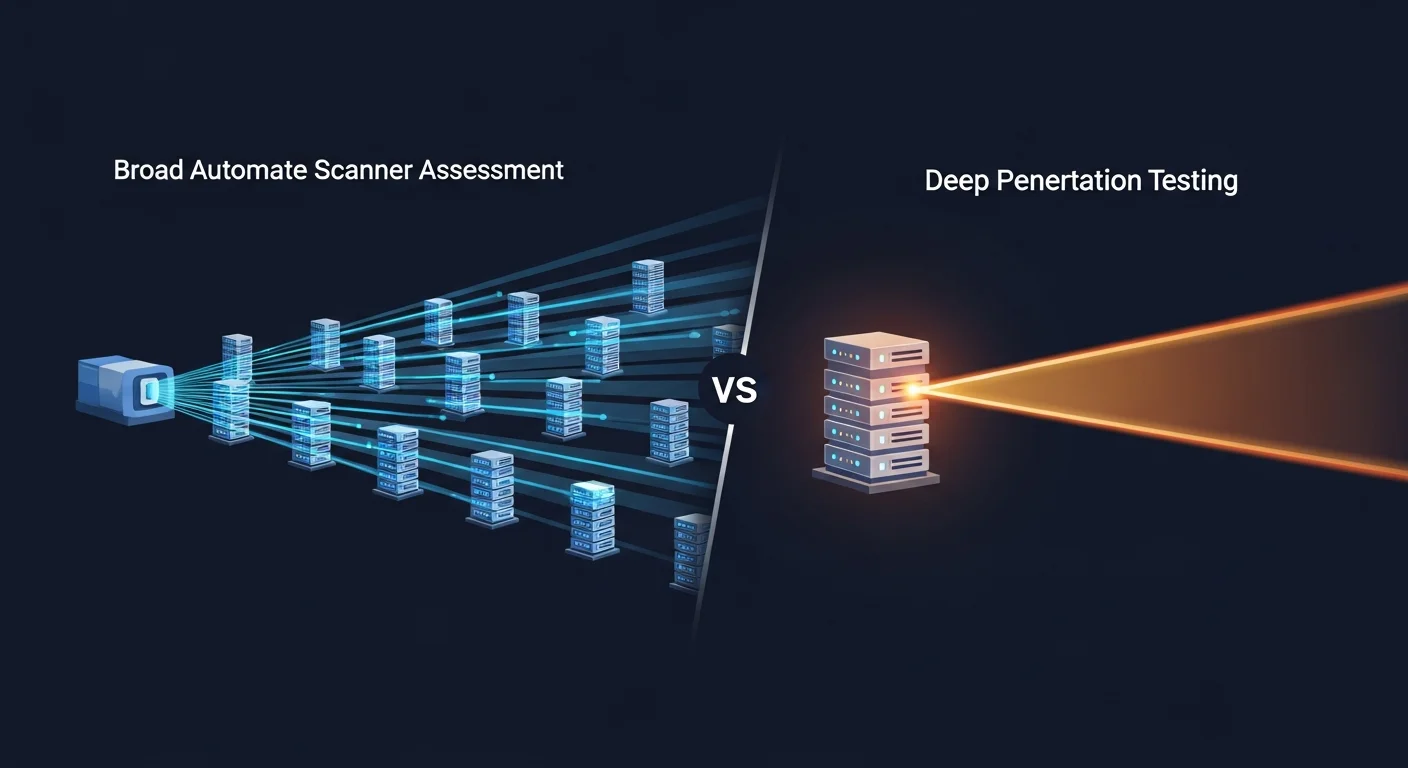Vulnerability assessment vs penetration testing comparison showing breadth versus depth approaches to security testing
