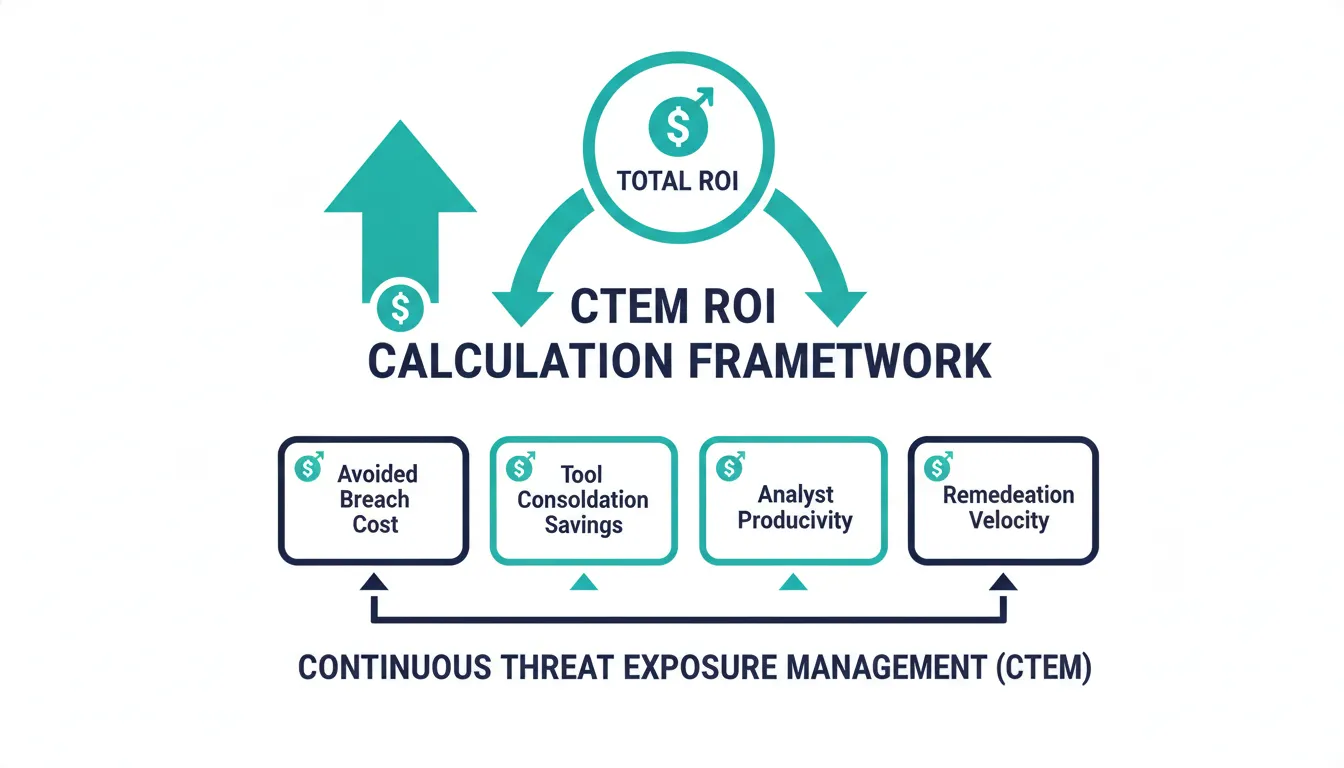 CTEM ROI calculation framework showing four components: avoided breach cost, tool consolidation savings, analyst productivity, and remediation velocity