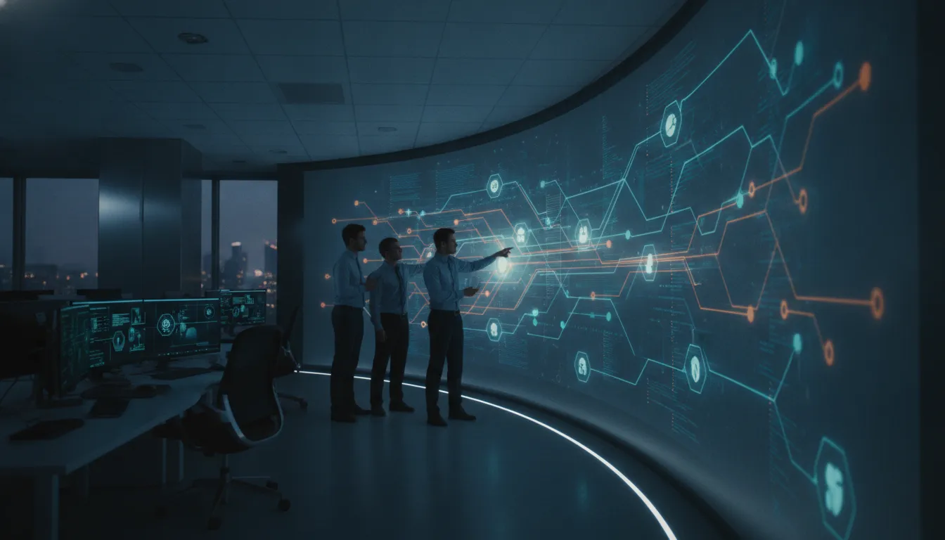 Security analysts reviewing abstract threat signals and attack paths