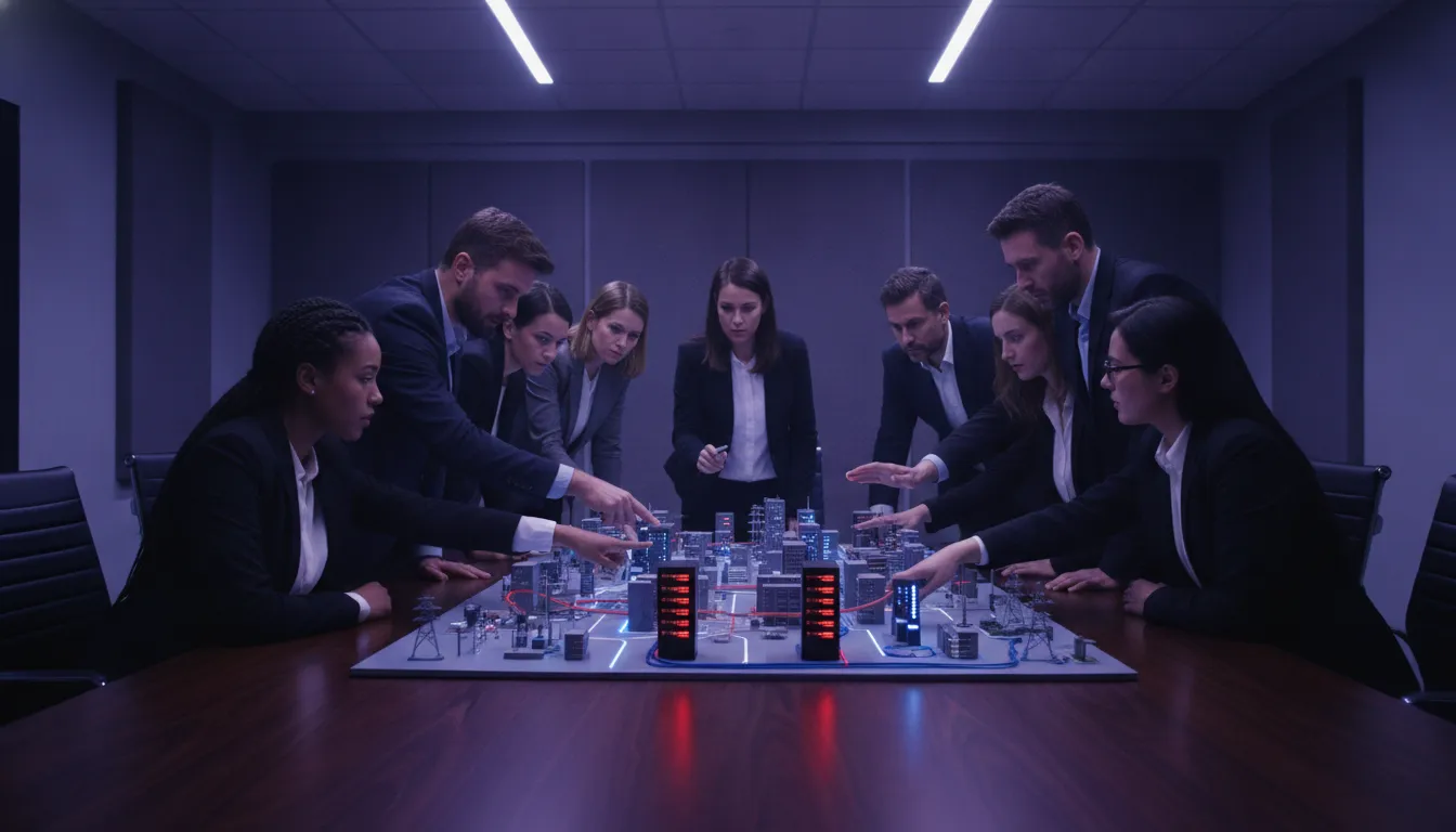 Cybersecurity team discussing connected enterprise systems and vulnerability risk