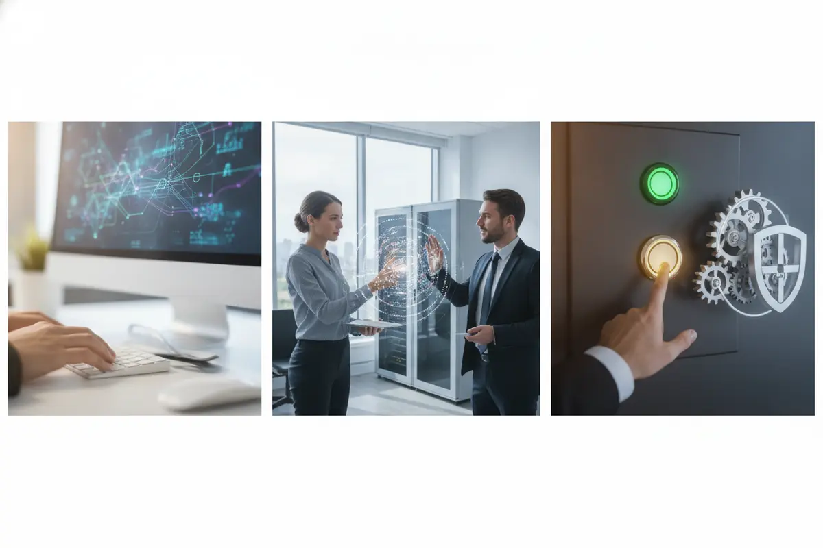 A visual sequence showing an AI security workflow from signal review through human approval and outcome verification