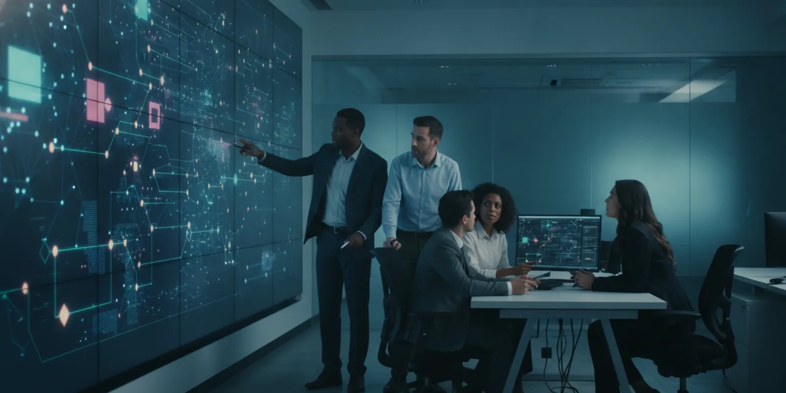 Enterprise security team reviewing vulnerability findings and remediation priorities on a shared display