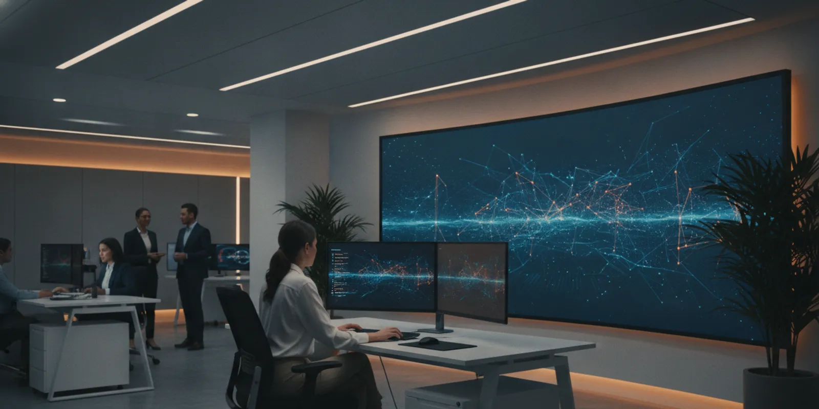 Security analyst reviewing an AI-assisted security operations dashboard in an enterprise operations center
