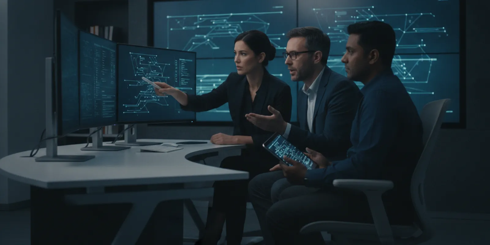 Enterprise security team reviewing vulnerability findings and remediation workflows on screens