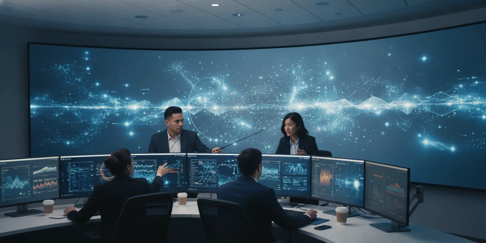 Enterprise security analysts reviewing endpoint alerts and vulnerability exposure data on large monitors