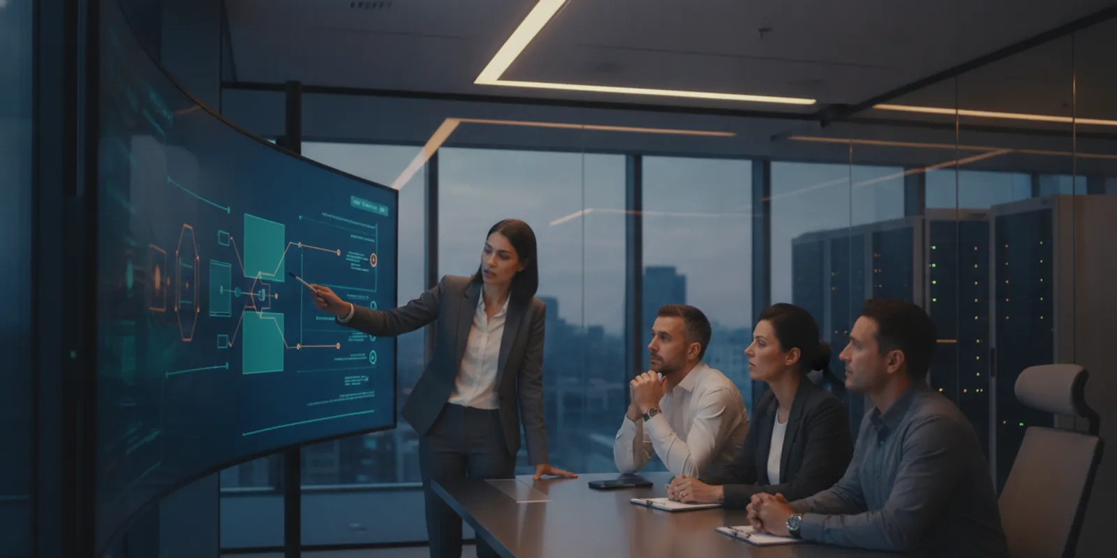 Enterprise security team reviewing vulnerability findings and an exposure management scorecard on a large monitor
