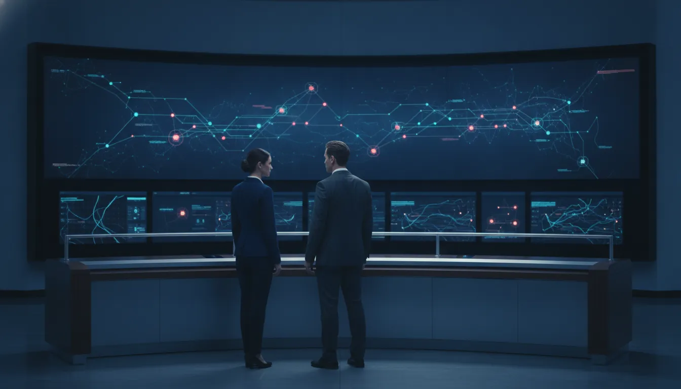 Security leaders reviewing exposure controls on a wall of monitors in a dim operations room