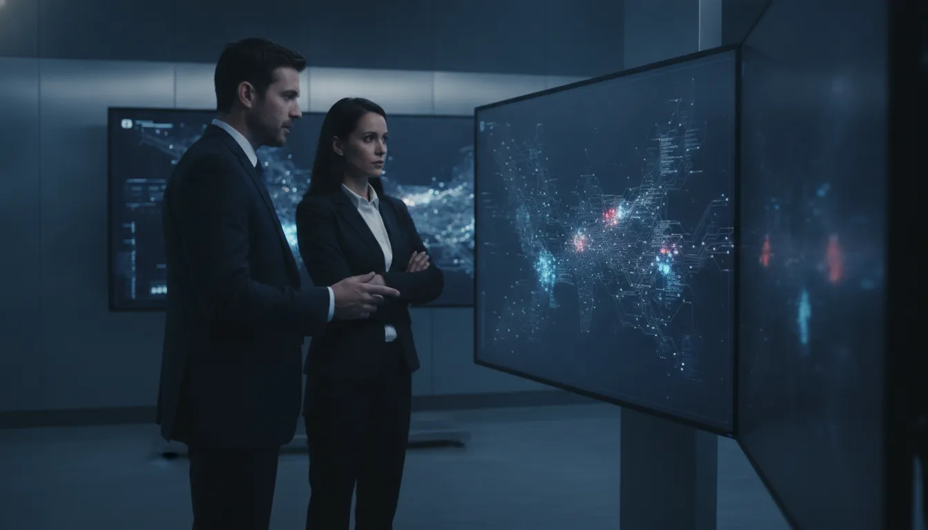 Two security leaders review a network exposure map on a large screen in a dim operations room