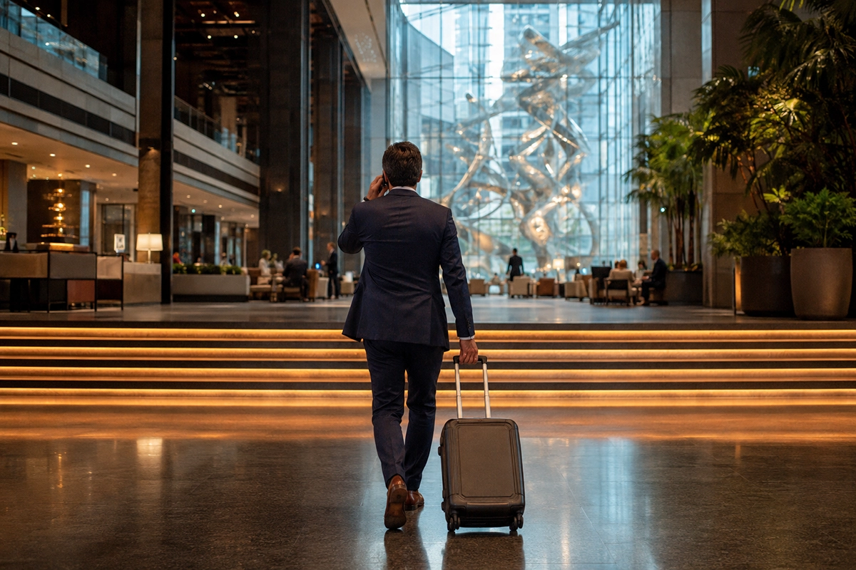 Business traveler arriving at a premium hotel lobby with luggage for an international event.