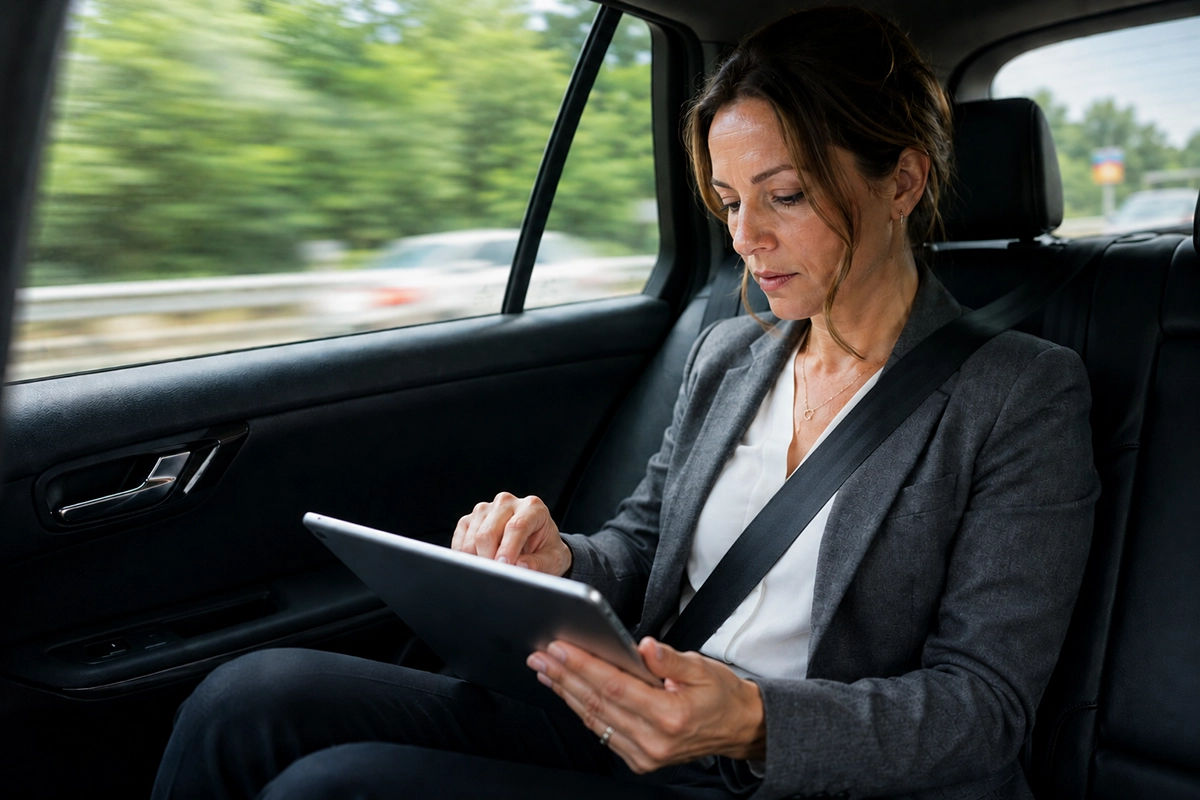 Business traveler managing event accommodation details from a car with a tablet.