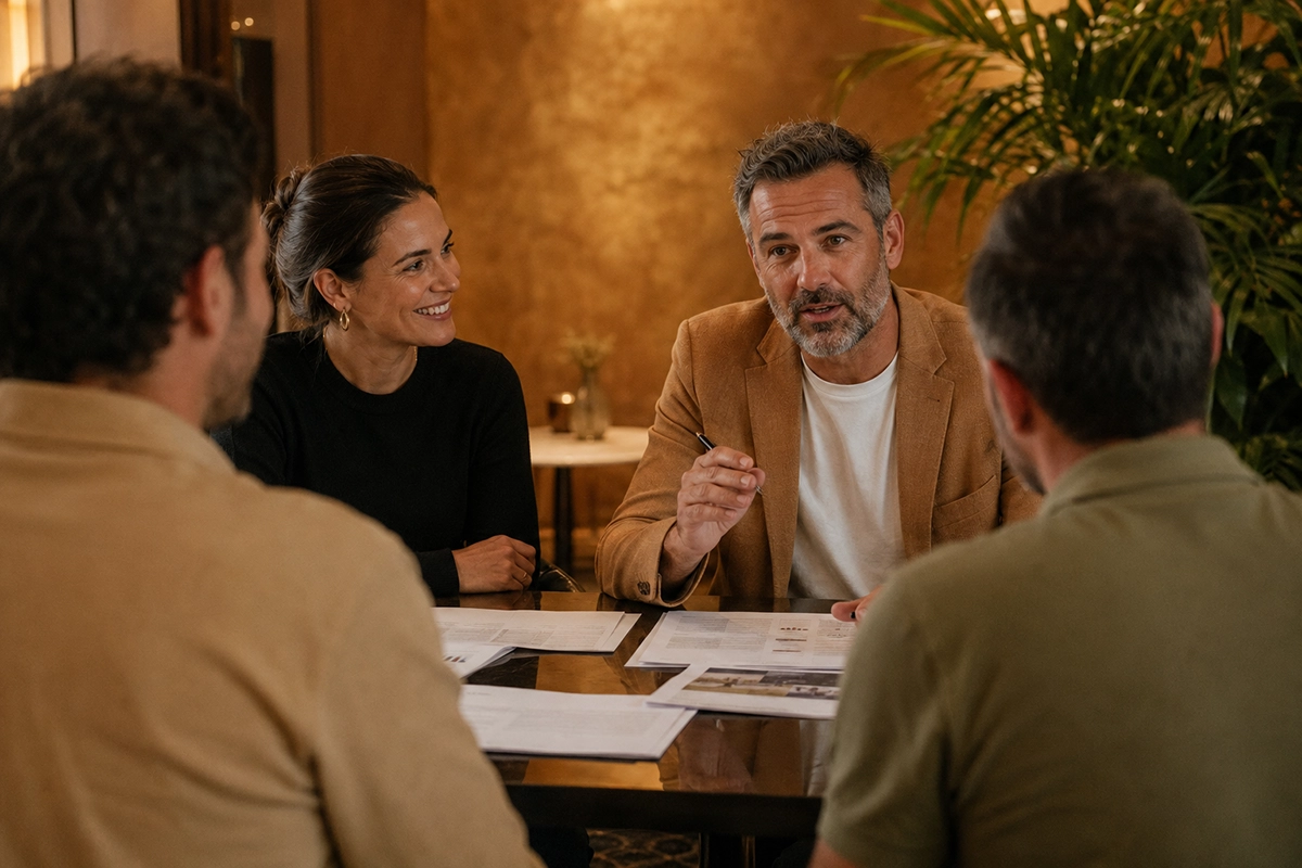 Event accommodation specialists reviewing hospitality plans with clients in a hotel setting.