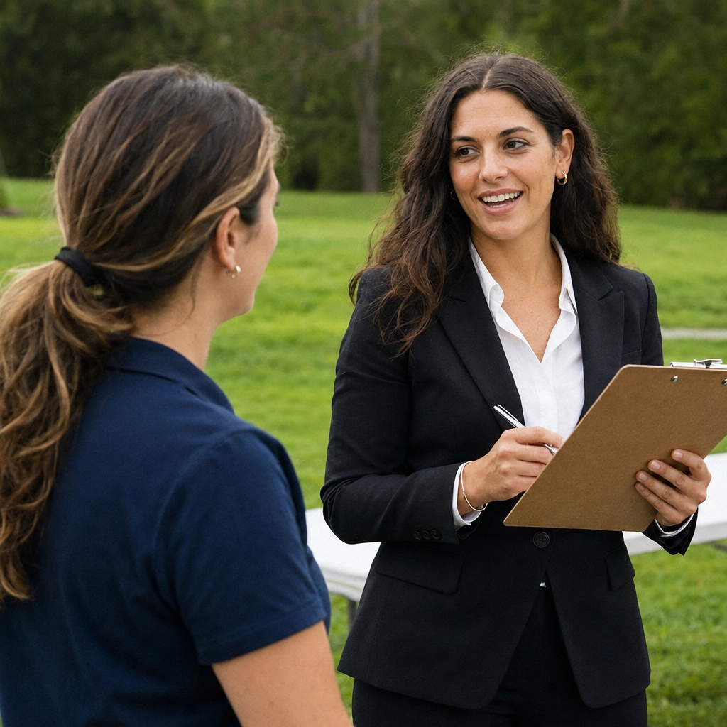 Event hospitality specialist speaking with a guest outdoors while managing on-site accommodation support.