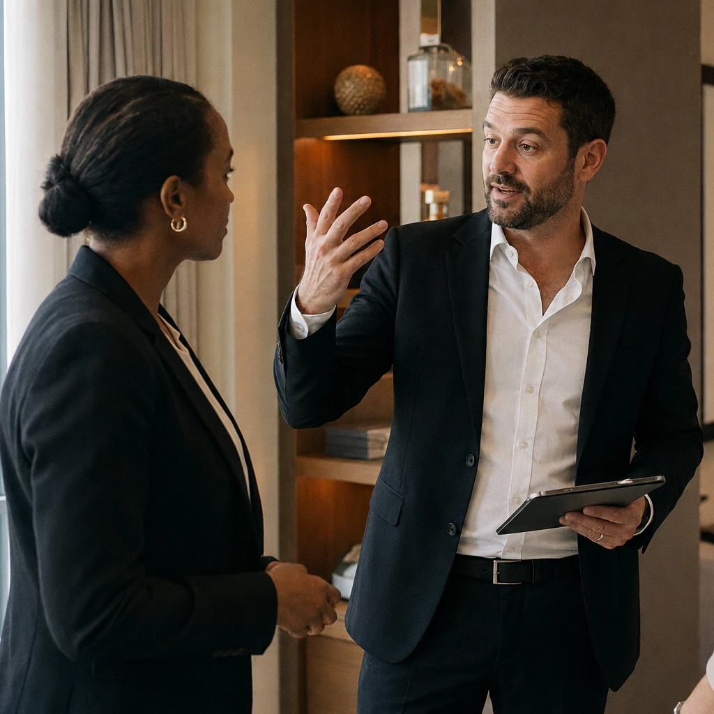 Two hospitality professionals discussing event accommodation details in a premium hotel setting.