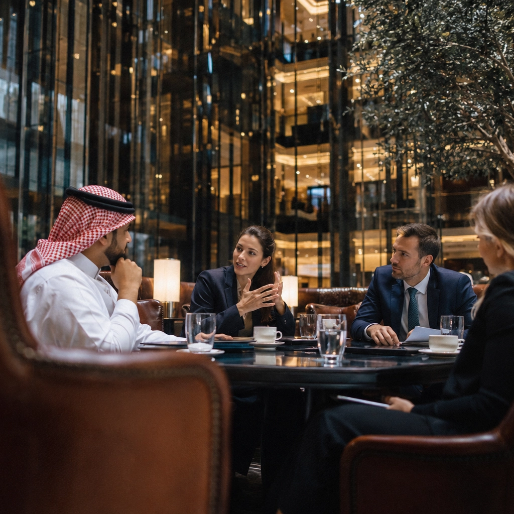 International event accommodation team meeting with clients in a hotel lounge to coordinate tailored logistics.