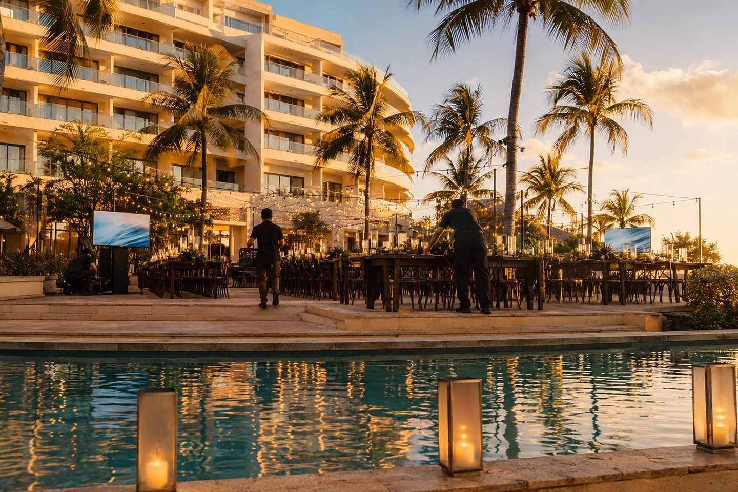 Resort event venue prepared at sunset for a large-scale hospitality experience by the pool.