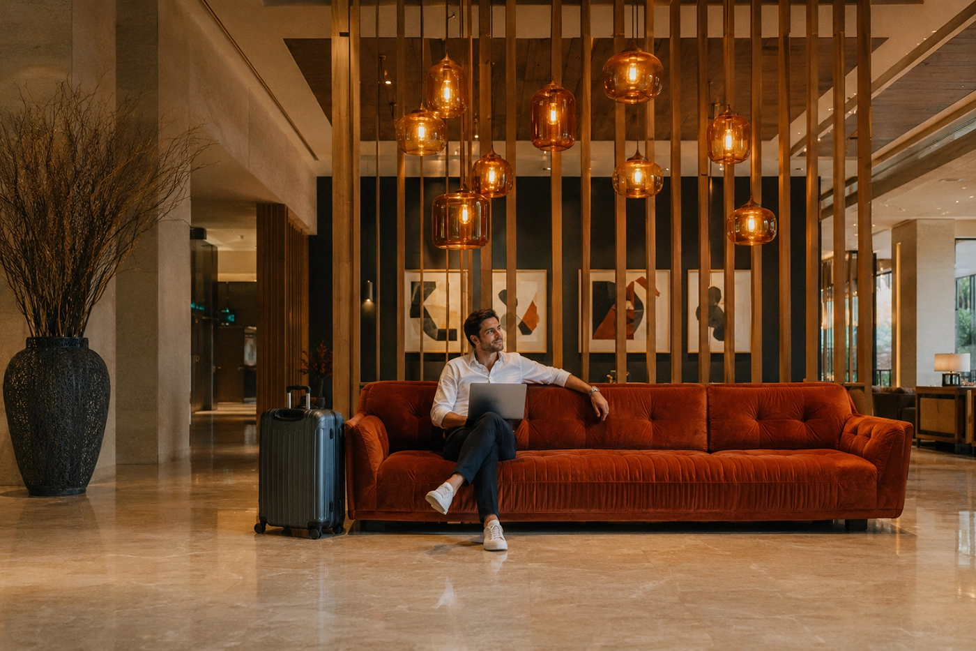Event director seated in a hotel lobby with luggage and laptop, reflecting the behind-the-scenes coordination of successful events.