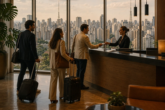 Hotel guests checking in at reception, representing negotiated rates and seamless accommodation support.