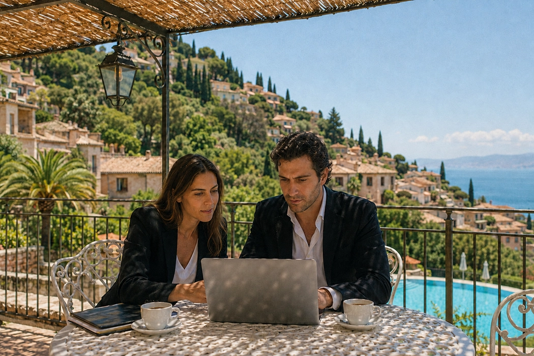 Two event professionals reviewing work on a laptop from a terrace overlooking a destination venue in the Mediterranean.