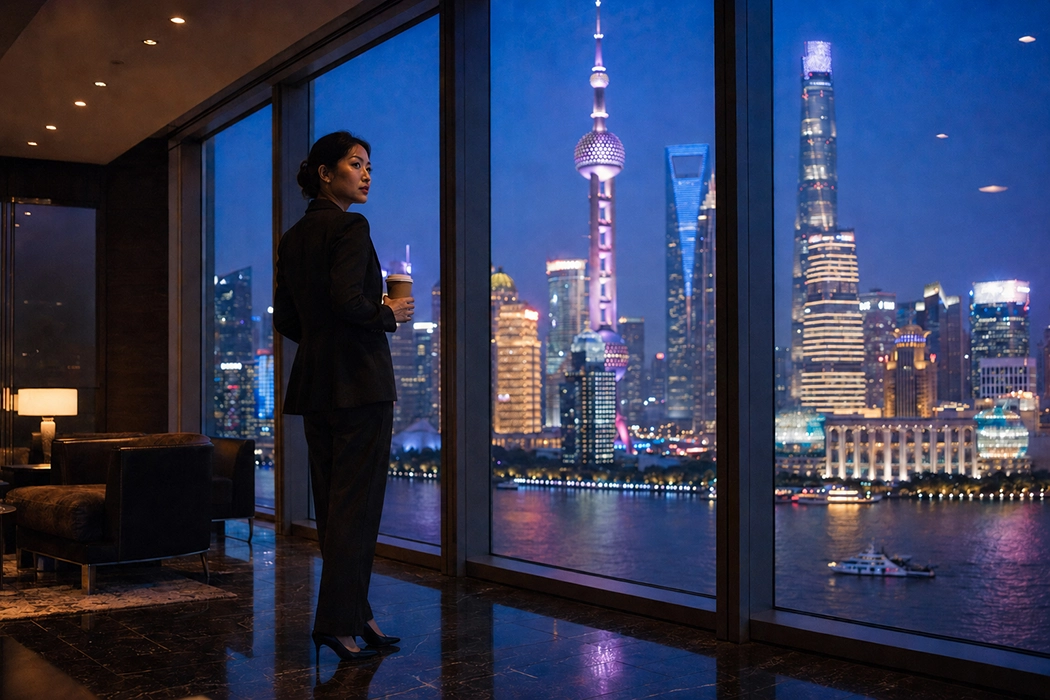 Hospitality professional looking out over a city skyline, representing international career development.