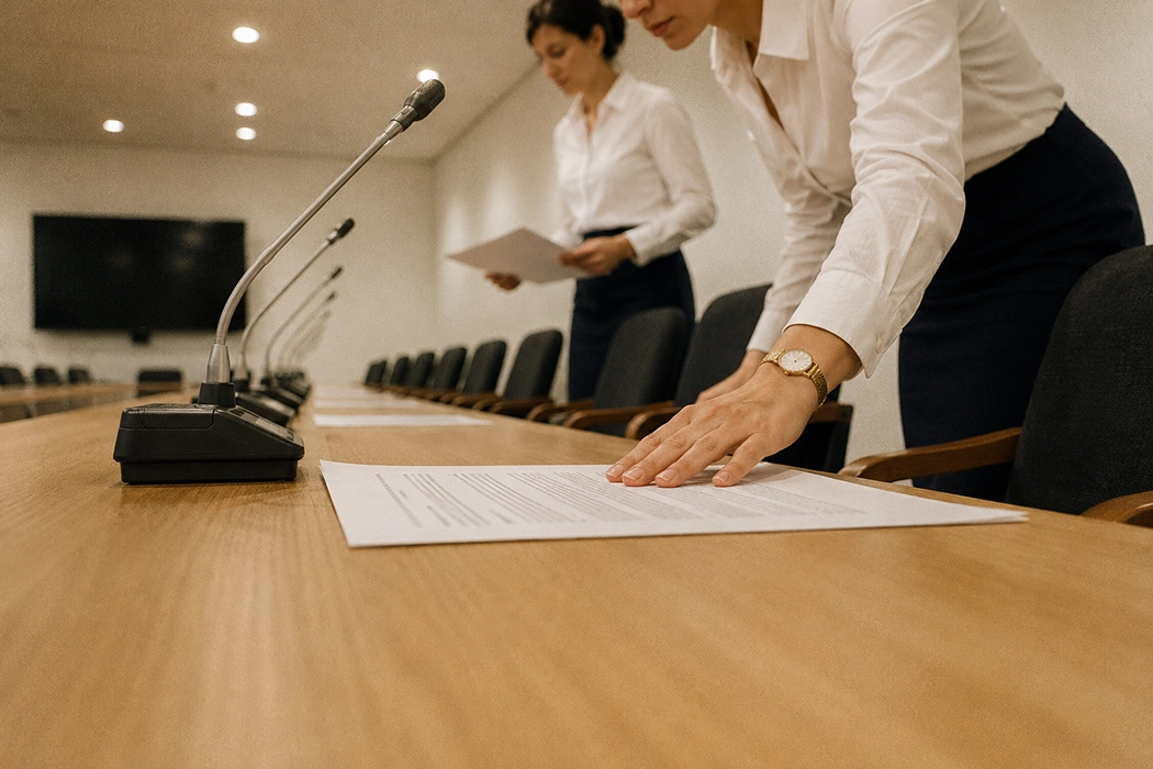 Event suppliers preparing conference materials in a meeting room with microphones and documents.