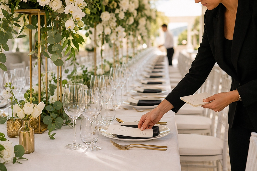Hospitality partner placing menus on a formal dining table prepared for an event.
