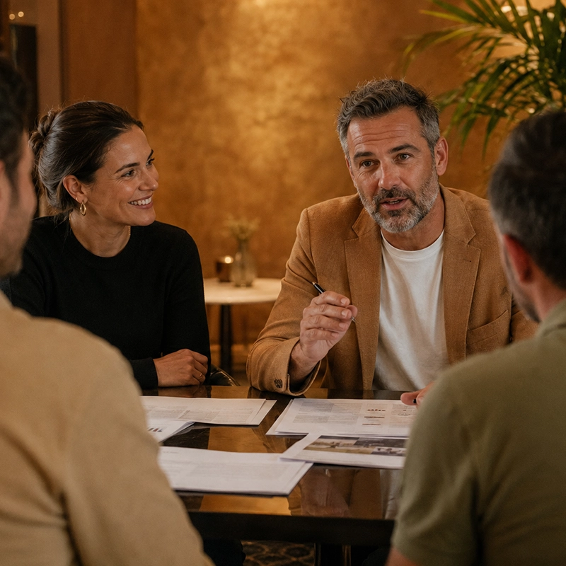 Event accommodation specialists reviewing hospitality plans with clients in a hotel setting.