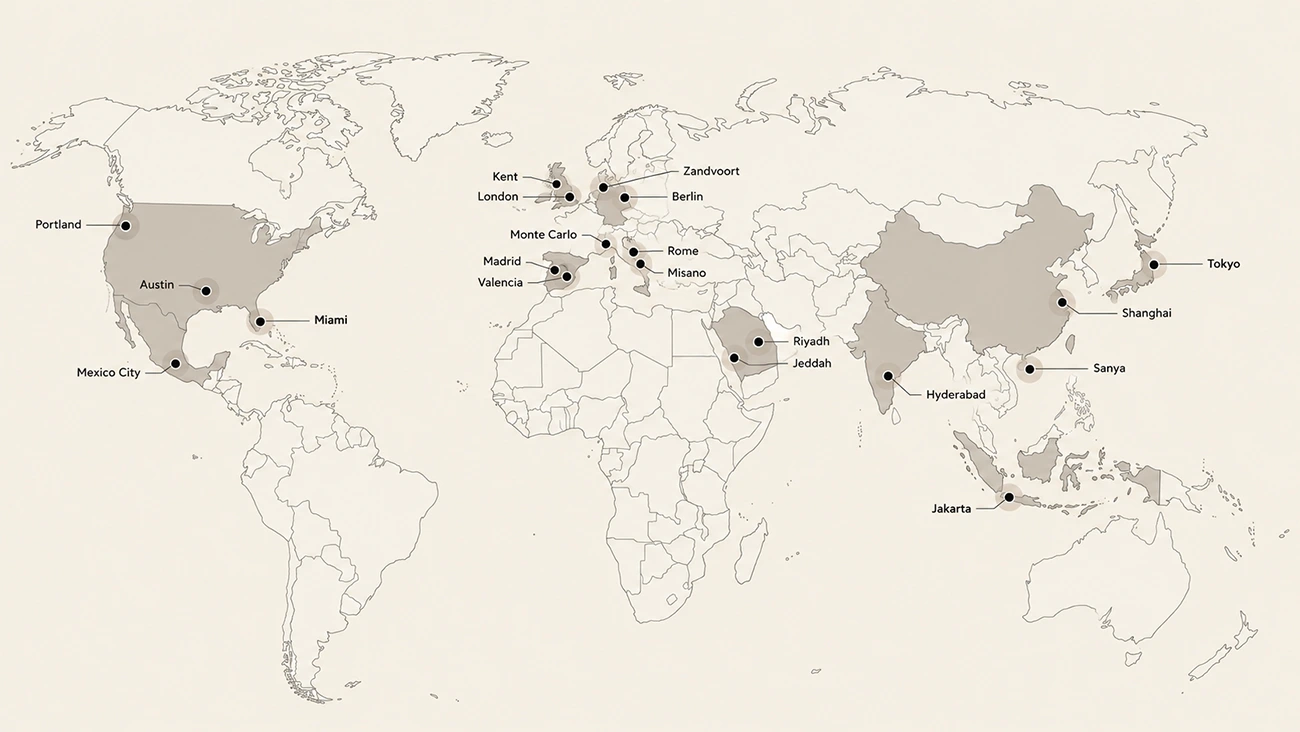 World map showing the locations of a racing championship.