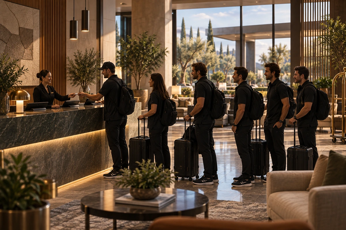 Racing team arriving for check-in in a hotel lobby.