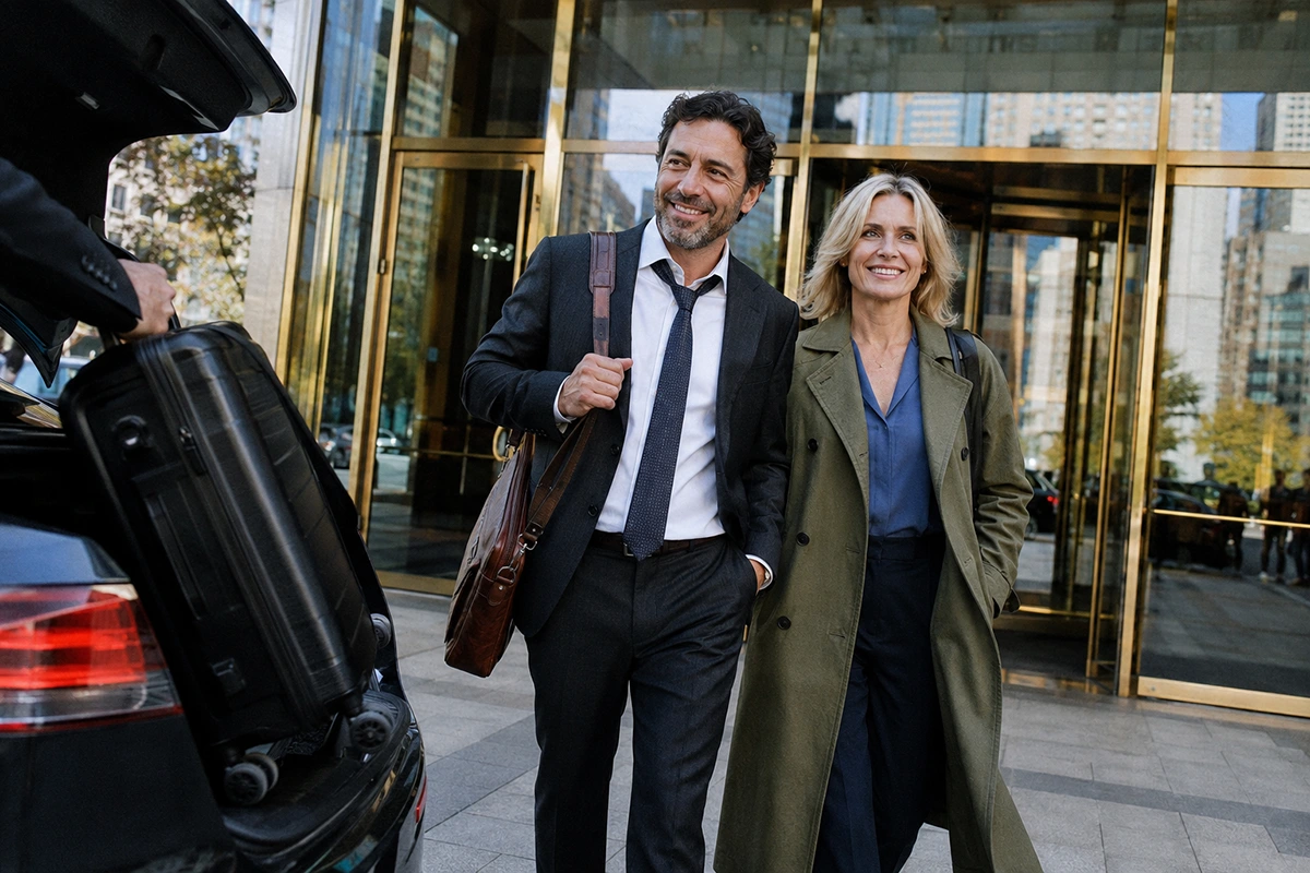 A man and a woman are leaving a hotel and getting into a taxi. The taxi driver is putting their bags in the trunk.