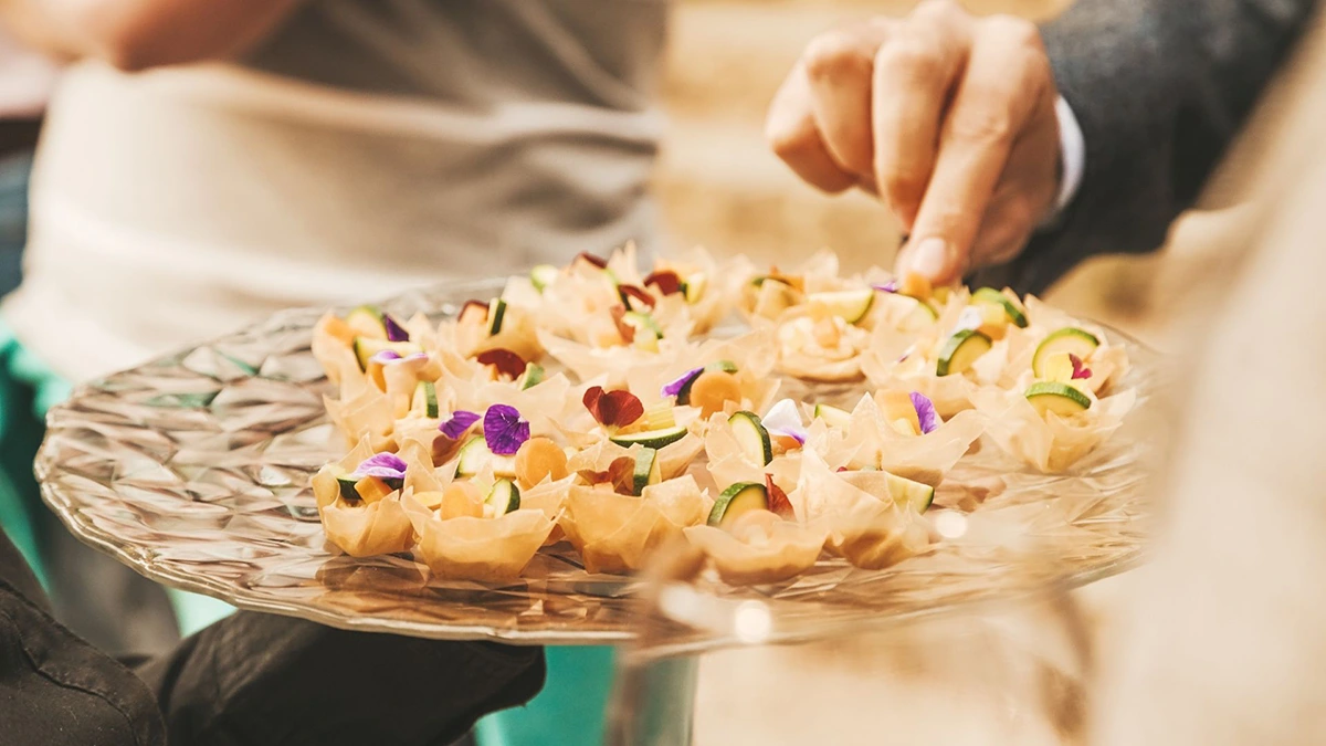 Close-up of a plate with appetisers from an event catering.