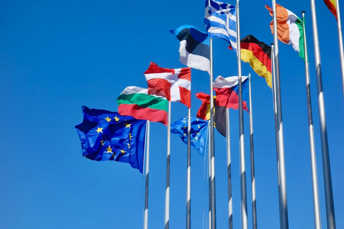 a bunch of flags that are flying in the air. Photo by Antoine Schibler on Unsplash