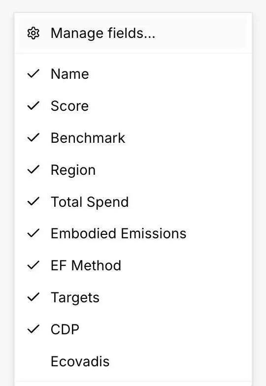 The columns menu in the DitchCarbon portal, listing name, score, benchmark, region, total spend, embodied emissions, EF method, targets, CDP and EcoVadis with a manage fields option above them.