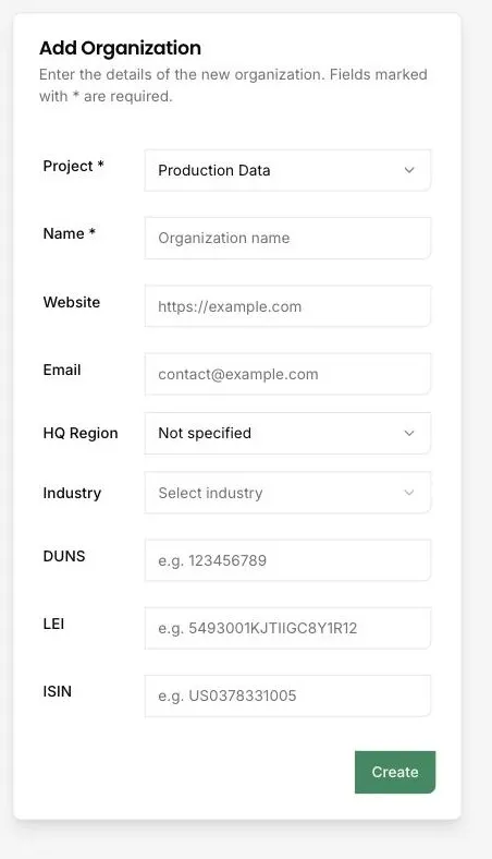 The add organisation form in the DitchCarbon portal, with name, website, email, HQ region and industry fields above DUNS, LEI and ISIN identifier fields.