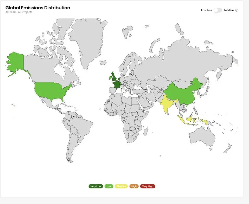 The global emissions distribution map in the DitchCarbon portal, shading each country by the emissions attributed to the organisations there, with an absolute and relative toggle and a five step legend.